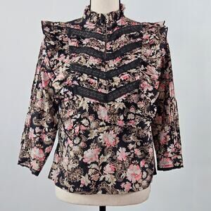 St. Roche Ruffle Lace Boho Floral Print Blouse Top | Women's Small | MINOR FLAW